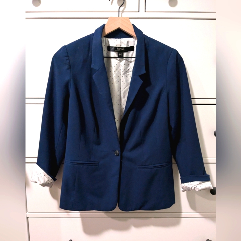 Kensie Navy Suit Jacket with Polka Dot Interior